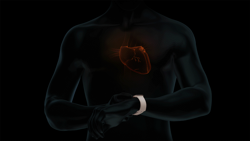 Animerad illustration av hjärtrytm och Apple Watch.