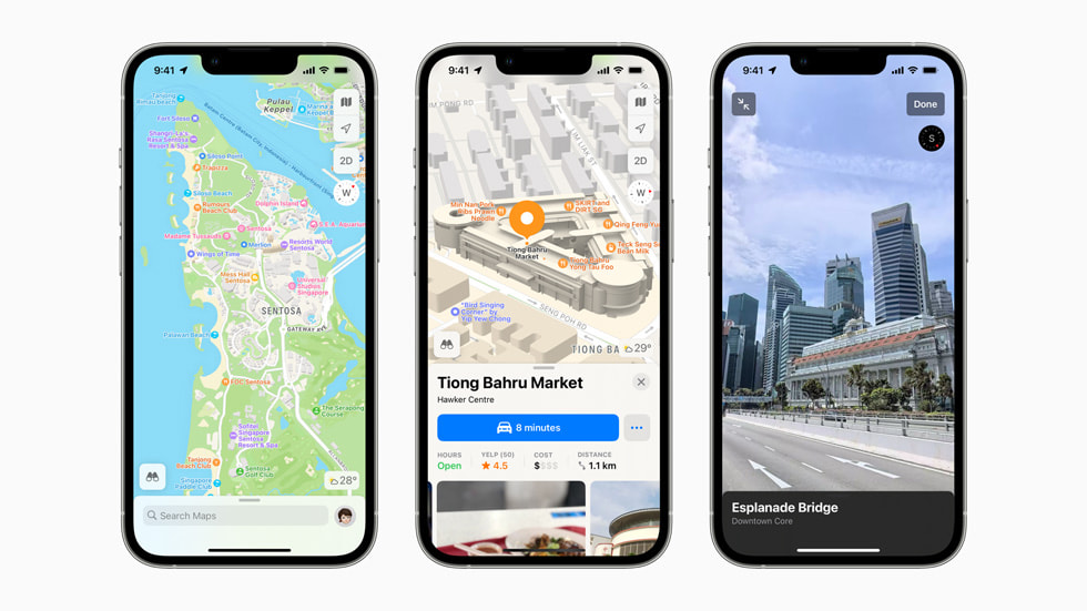 Three iPhone screens show the all-new Maps experience in Singapore.