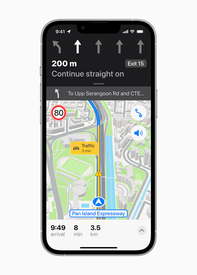 Maps shows the user driving directions in Singapore and indicates a hazard ahead.