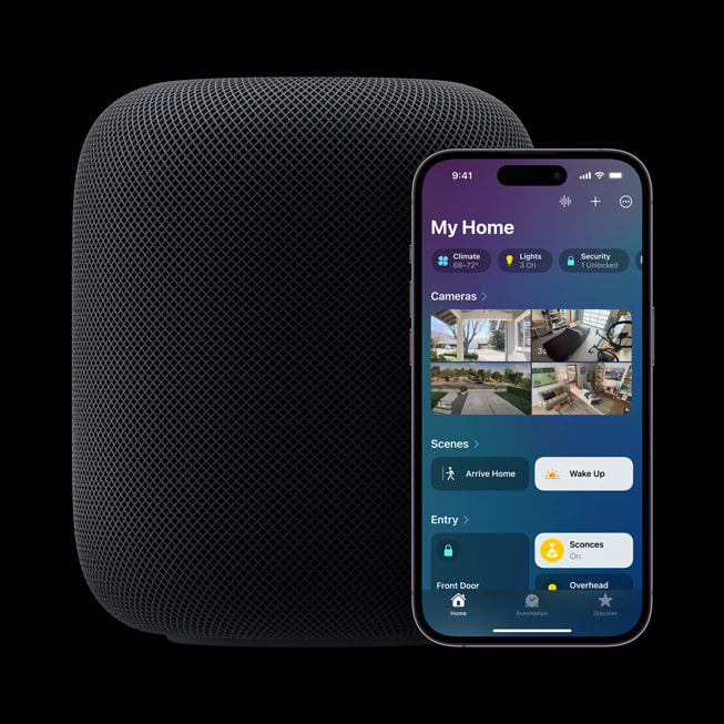 The redesigned Home app is shown next to a HomePod speaker.