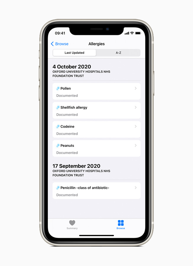 A Health Records page displayed on iPhone 11 Pro tracks allergies.