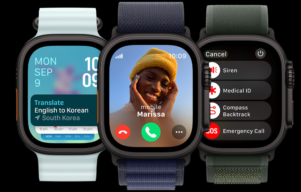 Three Apple Watch Ultra displays. One with the Translate app. Another with an incoming call. And the last with Siren, Medical ID, Backtrack and Emergency call icons.