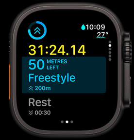 What’s Up Next screen shows the distance left in a freestyle swim.