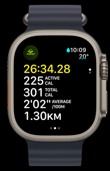 Apple Watch Ultra 2 demonstrating an open-water swim with the time, calories and pace.