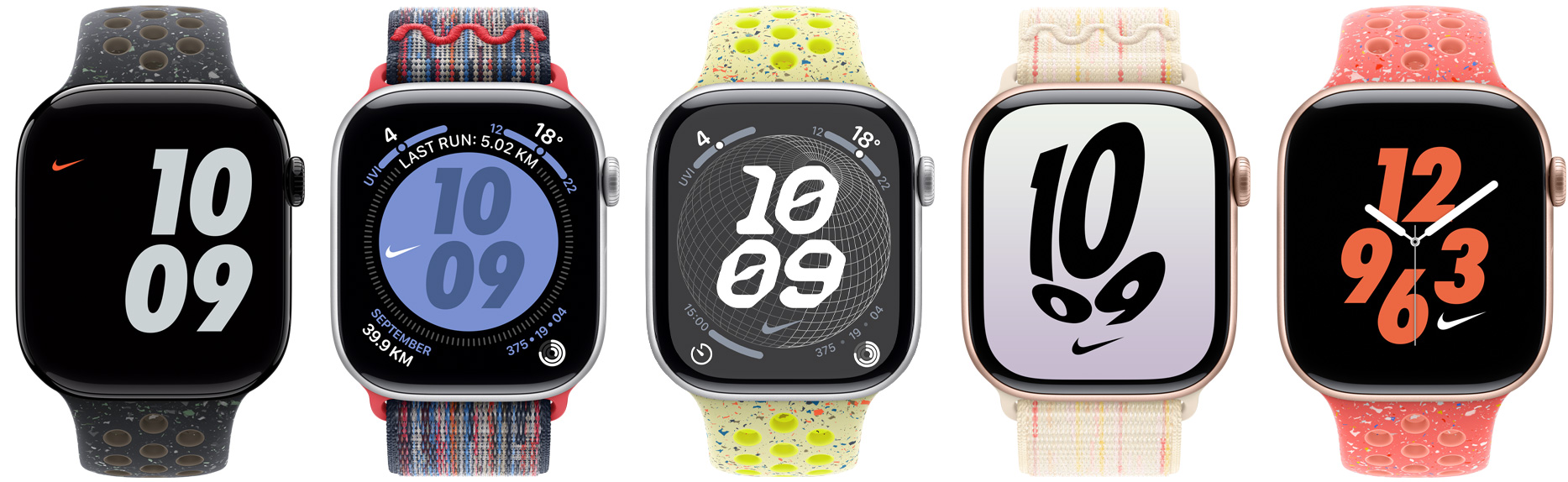 Five Apple Watch devices attached to Nike Sport Bands and Nike Sport Loops, showing Nike watch faces configured in various colors