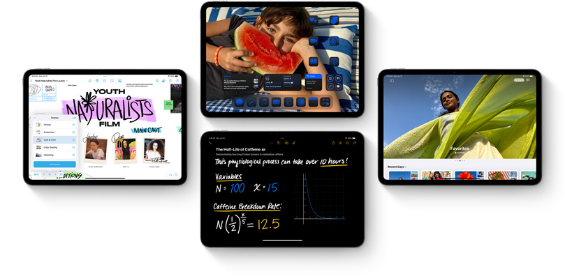 Wiele urządzeń iPad z pokazanymi nowymi funkcjami iPadOS 18