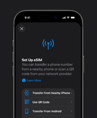 iPhone 17 Pro, front exterior, using the Set Up Mobile Network feature to easily transfer a phone number with eSIM