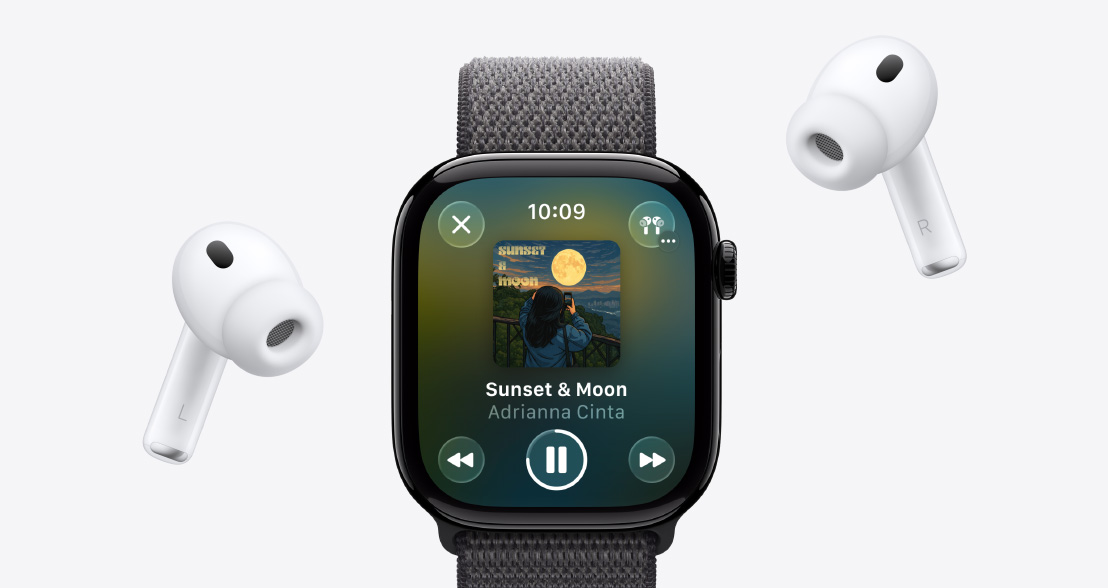 AirPods Pro 3, white, silicone tips, Apple Watch Series 11, aluminum case, polished jet black color, Apple Music playing, Sport Loop, dark gray color