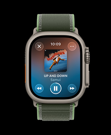 Apple Watch Ultra 3, titanium case, natural color, Apple Music, music and podcast suggestions, Trail Loop, green/neon color