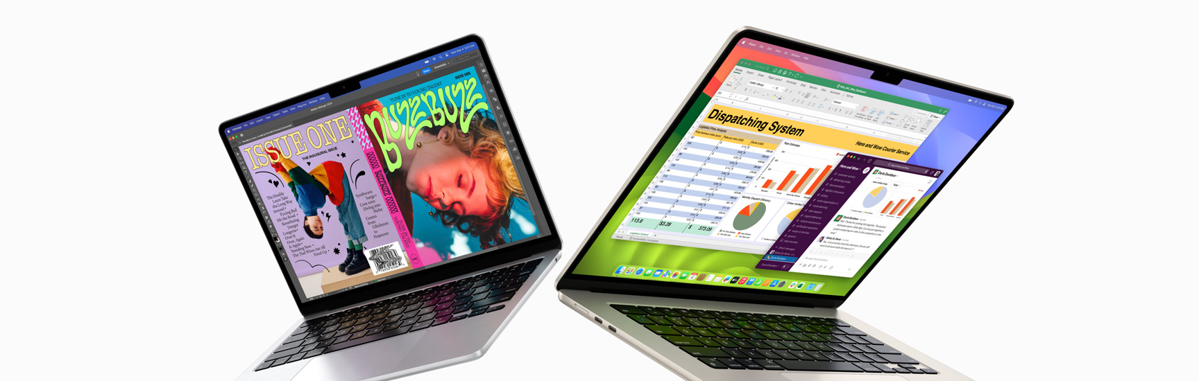 MacBook Air รุ่น 13 นิ้ว ที่เปิดแง้มอยู่ทางด้านซ้ายและ MacBook Air รุ่น 15 นิ้ว อยู่ทางด้านขวา หน้าจอของรุ่น 13 นิ้ว แสดงปกนิตยสารสีสันสวยงามที่สร้างด้วย InDesign หน้าจอของรุ่น 15 นิ้ว แสดง Microsoft Excel และ Slack
