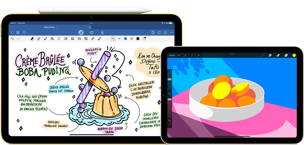 Solda dikey pozisyonda 10. nesil iPad, üstünde yapışık duran Apple Pencil USB-C ile yapılan bir çizim ve notların grafiği görülüyor. Sağda yatay pozisyonda iPad mini, ProCreate ile yapılmış renkli bir illüstrasyon görülüyor.