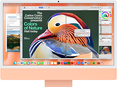 iMac, önden dış görünüm, turuncu, ekranda yapay zeka araçları içeren bir görsel düzenleme uygulaması ve arka planda Mail uygulaması gösteriliyor