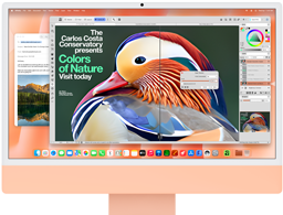 iMac, önden dış görünüm, turuncu, ekranda yapay zeka araçları içeren bir görsel düzenleme uygulaması ve arka planda Mail uygulaması gösteriliyor
