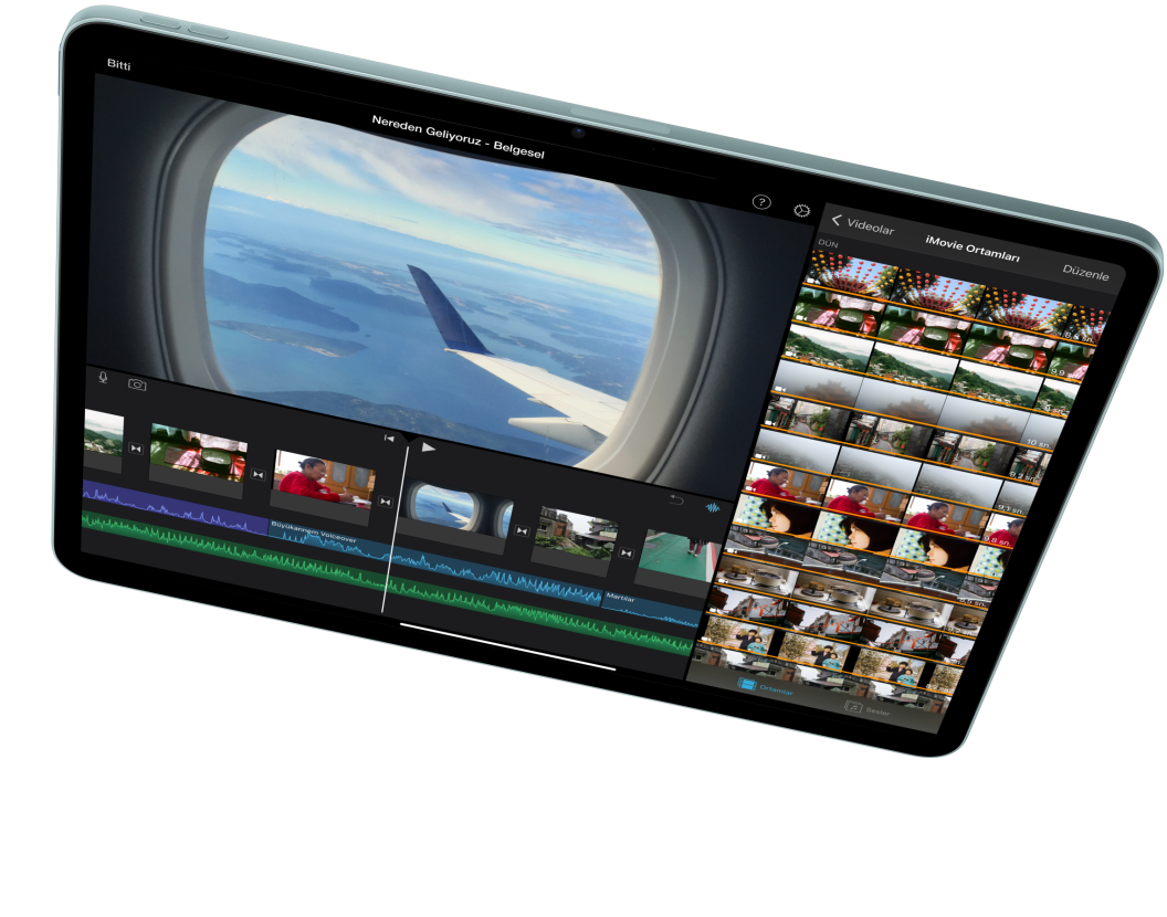 Ekranında iMovie’de video düzenlendiği gösterilen, yatay pozisyonda iPad Air