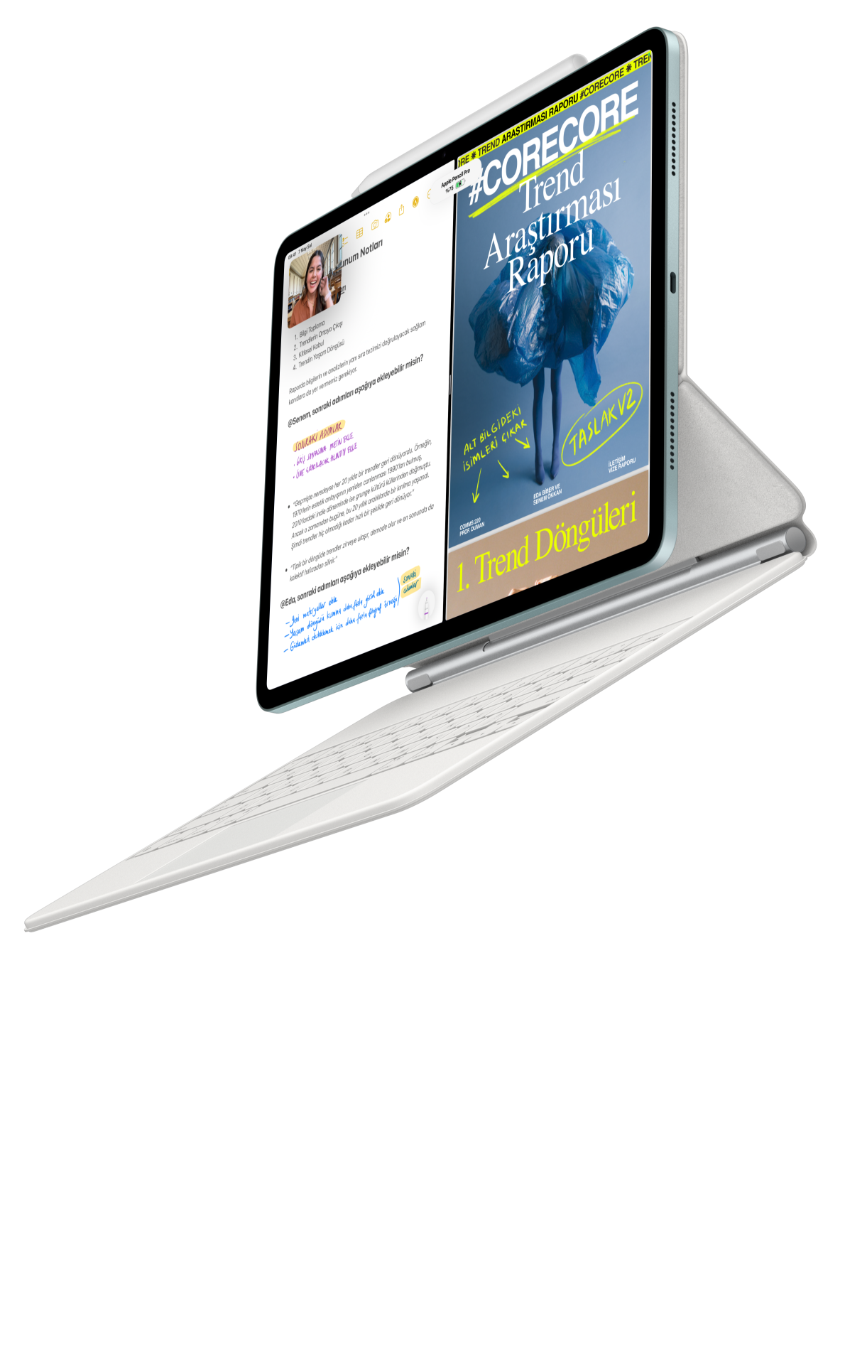 Magic Keyboard’a ve Apple Pencil Pro’ya bağlı halde iPad Air