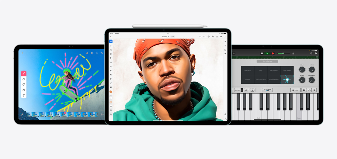 Ekranlarında FlipaClip, Adobe Fresco ve GarageBand uygulamaları gösterilen iki iPad ve bir iPad Air.