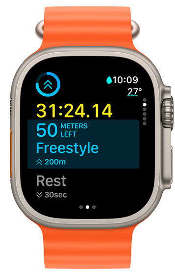 Bir Apple Watch Ultra ekranı, mevcut aralığın süresini ve özel antrenmanda geri kalan şeyleri gösteriyor