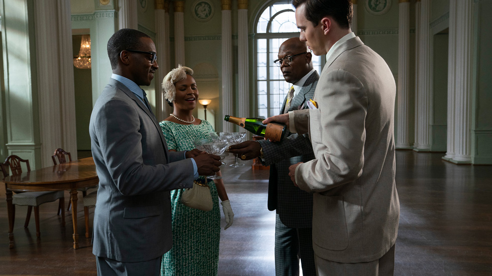 Anthony Mackie, Nia Long, Samuel L. Jackson and Nicholas Hoult in “The Banker”