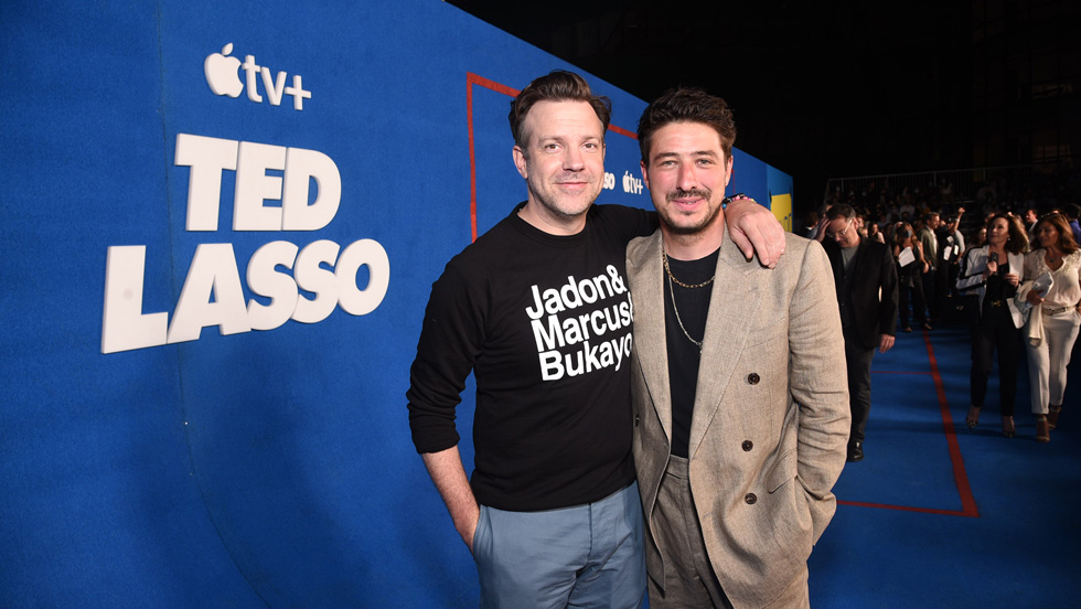 Jason Sudeikis and Marcus Mumford at the “Ted Lasso” season two premiere