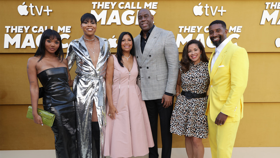 Elisa Johnson, EJ Johnson, Cookie Johnson, Magic Johnson, Lisa Meyers Johnson and Andre Johnson attend the world premiere of Apple’s highly anticipated documentary event series, “They Call Me Magic,” at the Regency Village Theatre. “They Call Me Magic” debuts globally on Apple TV+ on 22 April, 2022.   