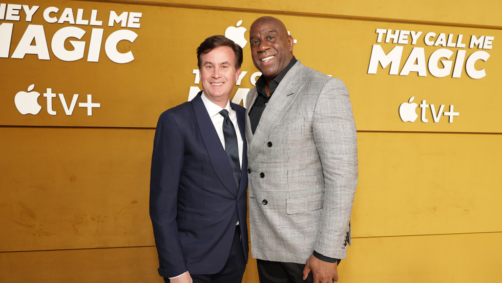 Zack Van Amburg, Head of Worldwide Video, Apple, and Magic Johnson attend the world premiere of Apple’s highly anticipated documentary event series, “They Call Me Magic,” at the Regency Village Theatre. “They Call Me Magic” debuts globally on Apple TV+ on 22 April, 2022.   
