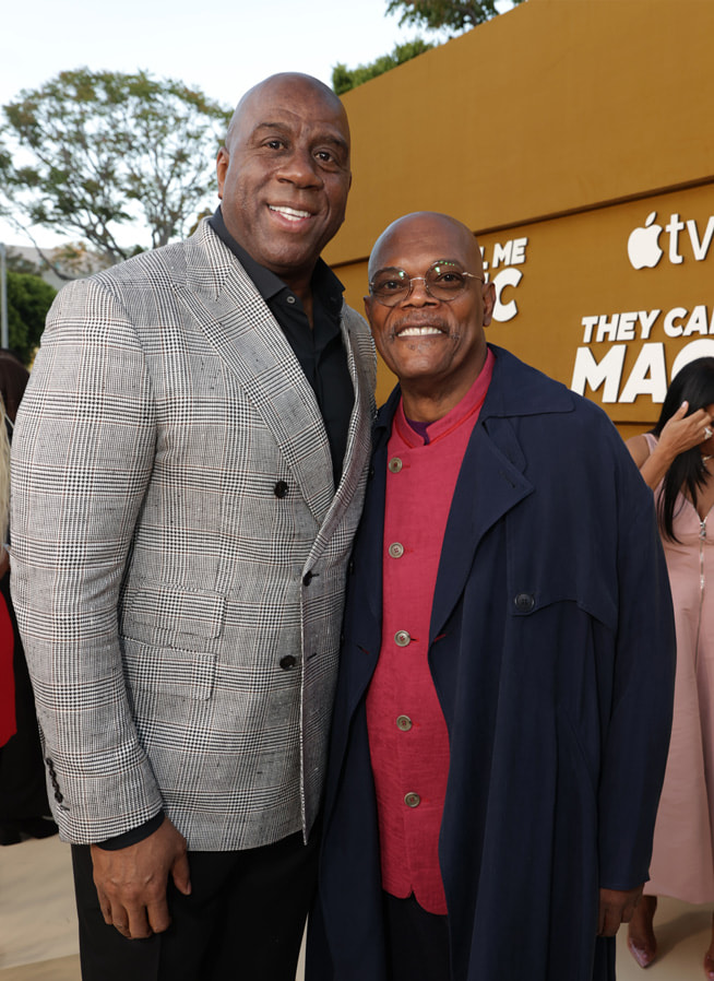 Magic Johnson and Samuel L. Jackson attend the world premiere of Apple’s highly anticipated documentary event series, “They Call Me Magic,” at the Regency Village Theatre. “They Call Me Magic” debuts globally on Apple TV+ on April 22, 2022.   