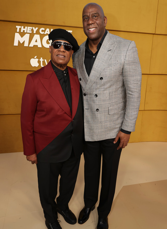 Stevie Wonder and Magic Johnson attend the world premiere of Apple’s highly anticipated documentary event series, “They Call Me Magic,” at the Regency Village Theatre. “They Call Me Magic” debuts globally on Apple TV+ on April 22, 2022.   