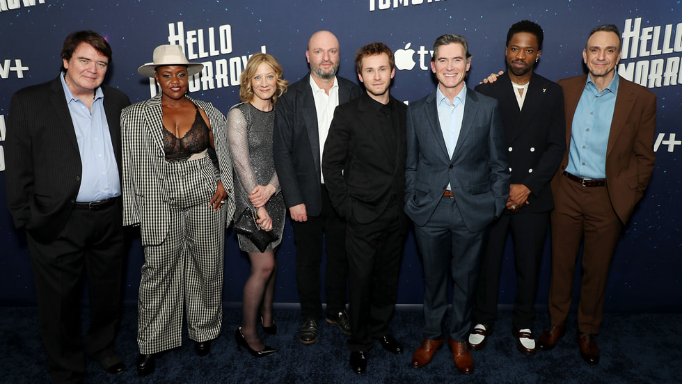 Michael J. Harney, Haneefah Wood, Annie McNamara, Matthew Maher, Nicholas Podany, Billy Crudup, Dewshane Williams and Hank Azaria attend the premiere of the Apple TV+ new dramedy “Hello Tomorrow!” at The Whitby Hotel. “Hello Tomorrow!” will make its global debut on Friday, February 17, 2023. 