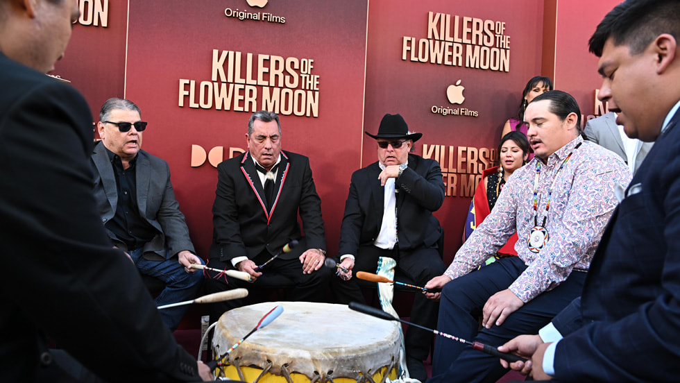 Members of the Osage Nation delegation perform at the Los Angeles premiere of Apple Original Films’ “Killers of the Flower Moon” at Dolby Theatre. “Killers of the Flower Moon” will open in theaters around the world, including IMAX theaters, on Friday, October 20, 2023.