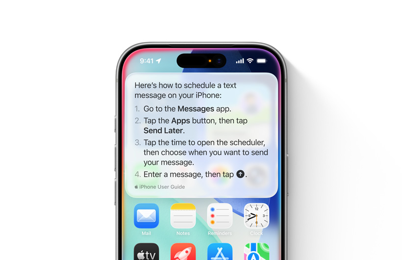 iPhone 上顯示一段步驟指引,說明排定稍後傳送簡訊的方法