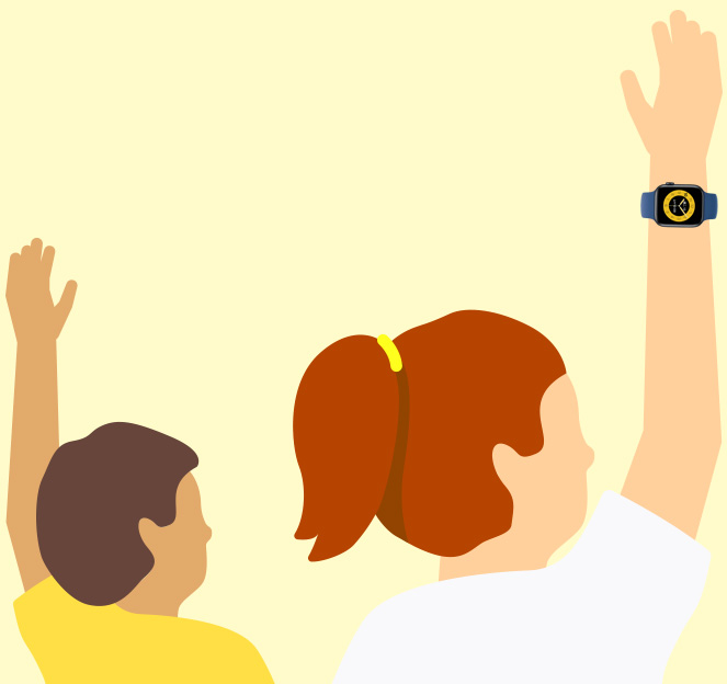 教室裡，孩子們舉起手，手上戴著 Apple Watch。