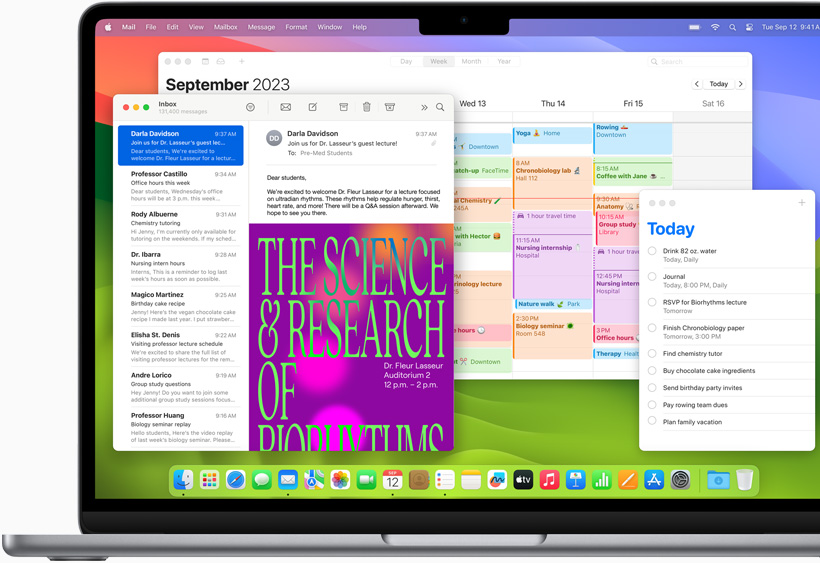 MacBook Air 螢幕上顯示郵件、行事曆和提醒事項 app。