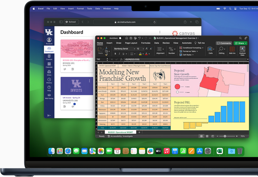 MacBook Air 螢幕上顯示 Microsoft Excel 和 Canvas LMS。