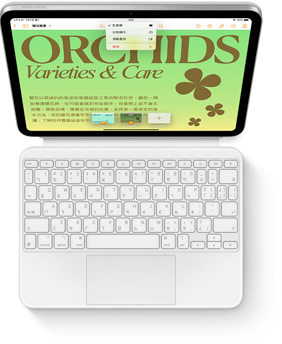 iPad 貼合在白色巧控鍵盤雙面夾的俯視圖。