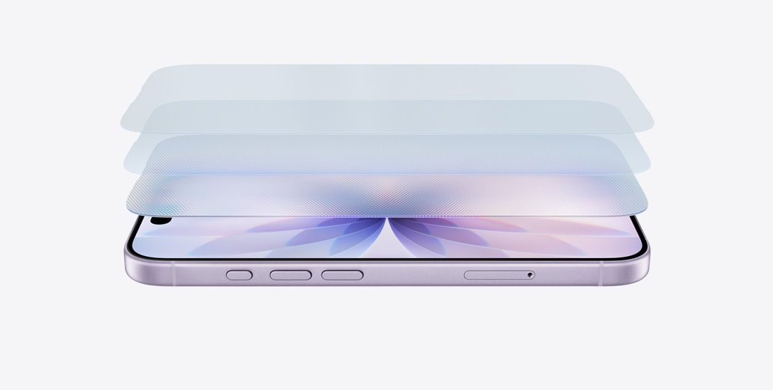 薰衣草紫色 iPhone 17 橫放展示側面,採用層層相疊的設計來展示超瓷晶盾 2