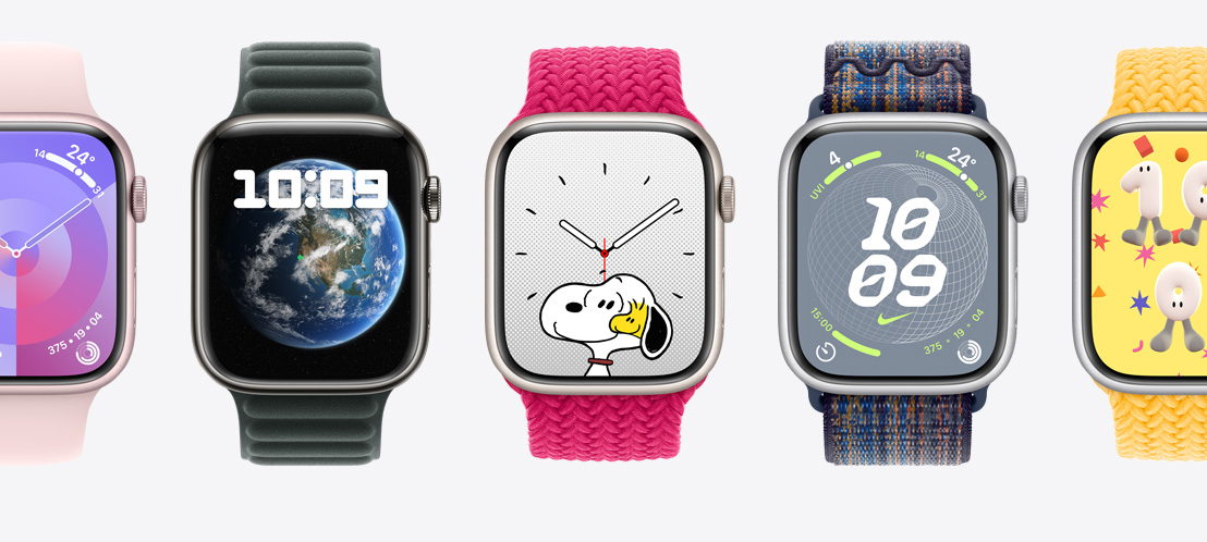 五隻 苹果手表系列9各自展示不同錶面，包括調色盤錶面、天文錶面、史努比錶面、耐克地球錶面與遊戲時間錶面。
