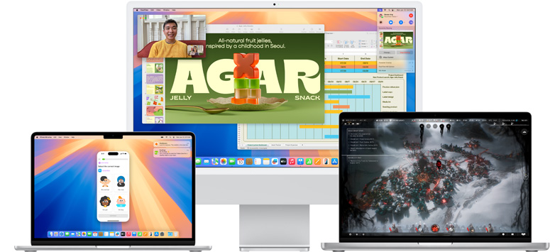 多部 Mac 裝置展示全新 macOS Sequoia 功能。