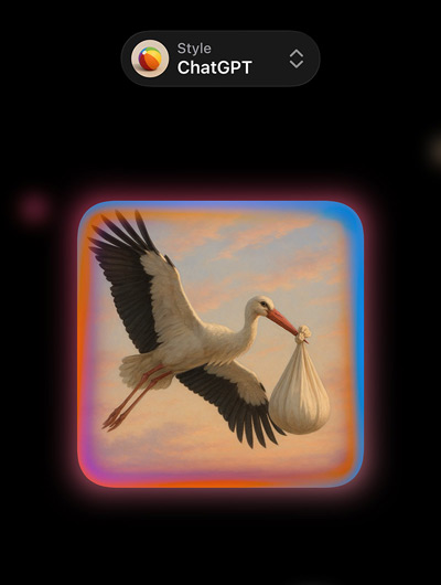 Image Playground screen with image of a photorealistic stork carrying a bundle in its beak, showing options for custom image styles from ChatGPT