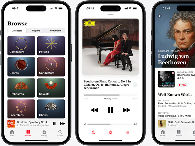 iPhone on left showing Apple Music Classical Browse tab with the Catalogue tab selected with Composers, Periods, Genres, Conductors, Orchestras, Soloists, Ensembles and Choirs categories; iPhone in middle showing Beethoven’s Piano Concerto No. 1 in C Major, Op. 15: III. Rondo. Allegro scherzando playing in Dolby Atmos; iPhone on right showing Ludwig van Beethoven’s Composer page