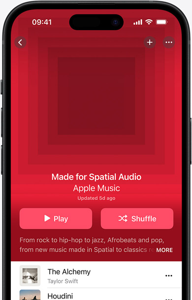 iPhone screen with Made for Spatial Audio playlist cover art in the Apple Music app