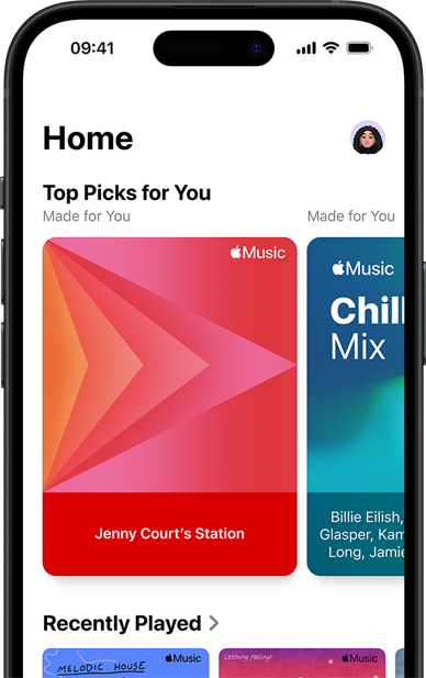 Apple Music Home tab screen on iPhone, Top Picks for You carousel showing Jenny Court's personalised stations and playlists
