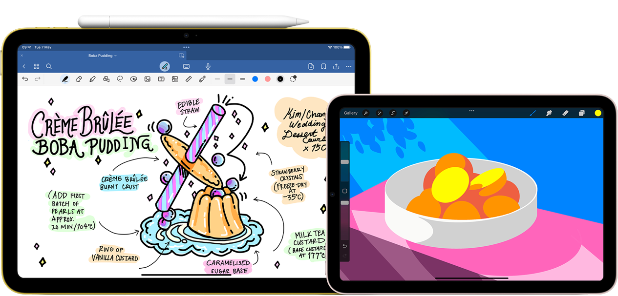 On left, iPad 10th generation, landscape orientation, displaying a graphic with notes and a drawing with Apple Pencil USB-C attached at the top. On right, iPad mini, landscape orientation, showing a colourful illustration made with ProCreate.