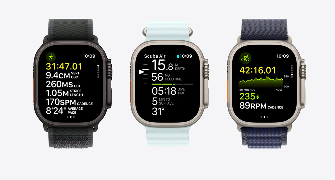  Three Apple Watch screens showing fitness metrics. One for running, one for scuba and one for cycling.