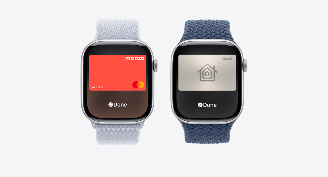  Three Apple Watch Series 10. The first shows Apple Card being used with Apple Pay. The second shows a travel card being used with the Wallet App. The third shows a home key being used through the Wallet app.