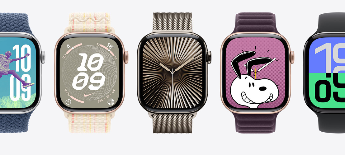  Five Apple Watch screens. A Photos face, a Nike Globe face, a Reflections face, a Snoopy face and a Flux face.