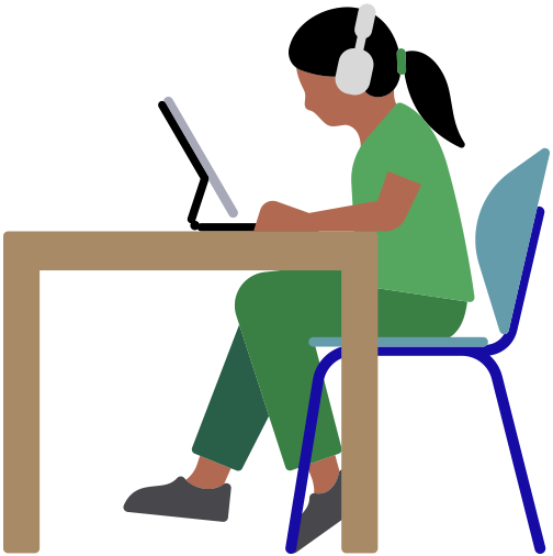 Woman wearing AirPods Max and using an iPad while sitting at a desk