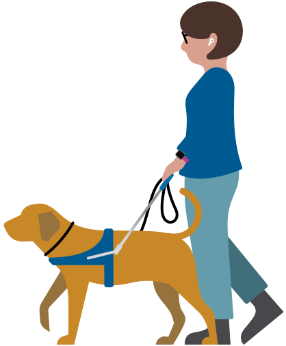 Person with low vision wearing AirPods and walking with service dog
