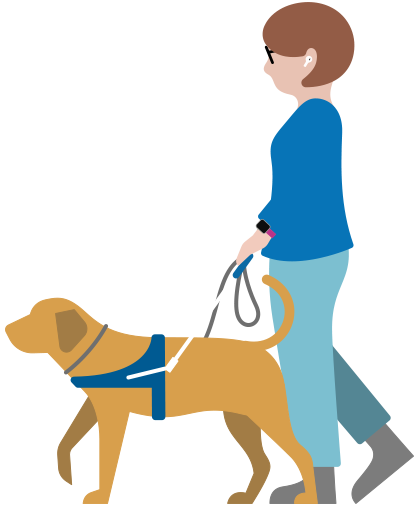 Person with low vision wearing AirPods and walking with service dog