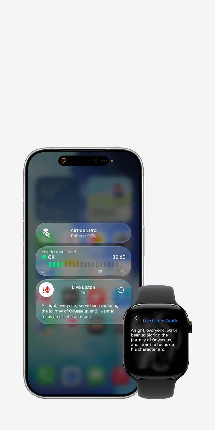 iPhone 17 Pro screen showing active Live Listen session with caption for captured audio and Apple Watch Series 11 screen showing Live Captions of the same captured audio