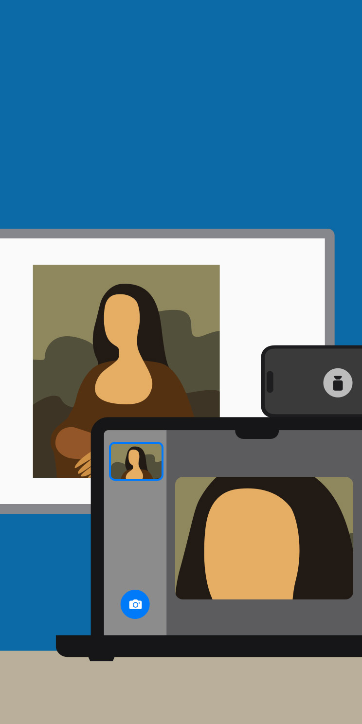 Animated illustration of Magnifier app on MacBook screen zooming in on image of Mona Lisa shown on classroom whiteboard